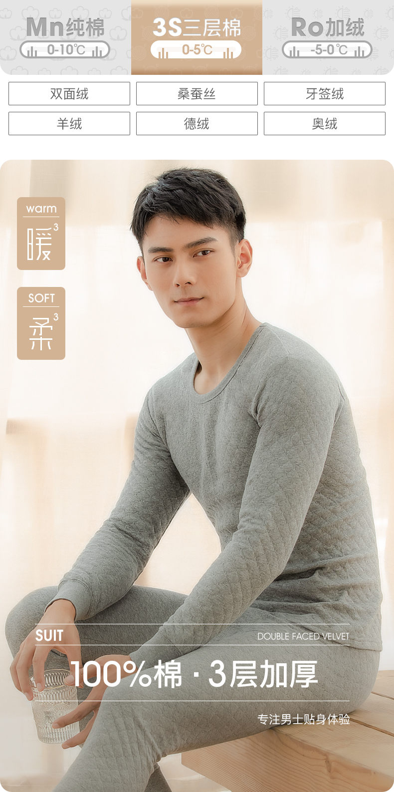 中华老字号 古今 男士100%棉+3层加厚 保暖内衣套装 图1
