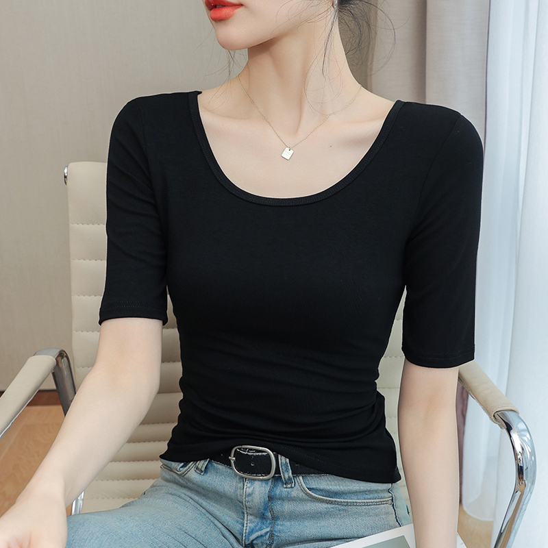 U-Neck Mid-Sleeve T-Shirt for Women, Black Base Layer, Women's Five-Quarter Sleeve Slim Fit Dance Outfit, Clavicle-Exposing Top, Backless Half-Sleeve for Summer U-Neck Mid-Sleeve T-Shirt for Women, Black Base Layer, Women's Five-Quarter Sleeve Slim Fit Dance Outfit, Clavicle-Exposing Top, Backless Half-Sleeve for Summer