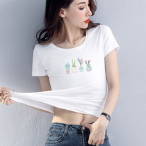 White slim short sleeve T-shirt female 2021 summer new design sense niche cactus print top ins tide