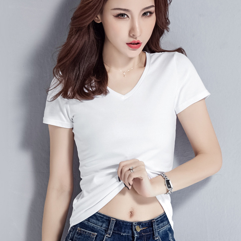 White V collar T-shirt woman short sleeves Body Pure Cotton Summer Dress 2022 New Fashion European and American Short Tight T-Shirt Blouse
