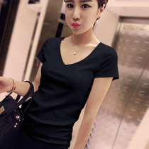 Black V-neck T-shirt womens short sleeve cotton tight fit summer 2021 New Tide Women slim slim body gown clothes