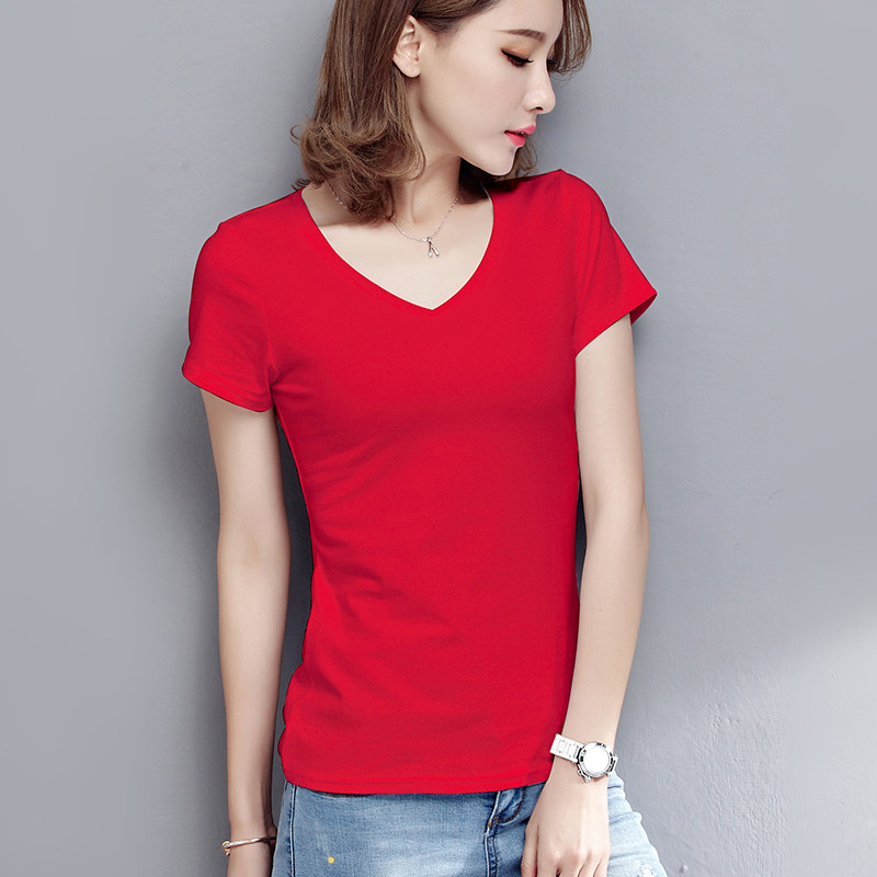 Red V-collar T-shirt woman short sleeve short sleeve slim fit slim V collar tight fit T-shirt closets cashew 2022 new