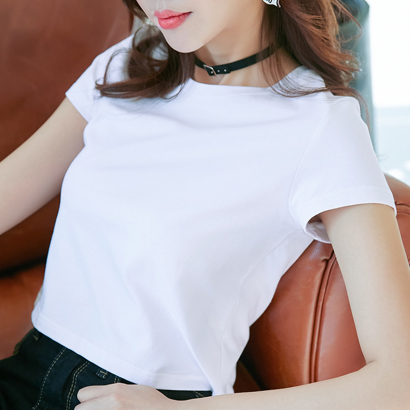 High waist top female short short white cotton T-shirt female short sleeve slim design feeling show navel T-shirt summer