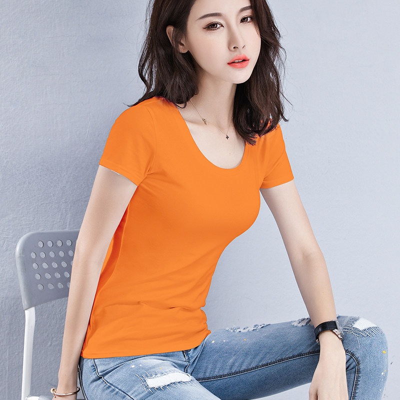 Orange Red T-Shirt Woman Short Sleeve Fix Slim Fit 2022 New Korean Version Round Collar 100 Hitch Orange Red T-shirt Blouse