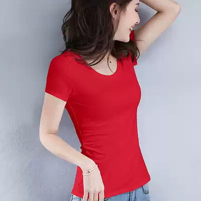 Cotton big red round neck T-shirt women's short sleeve slim slim summer clothes 2021 New ins Tide tight short top