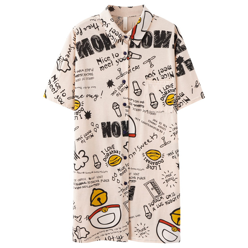 Homewear cotton tops pajamas women's single piece summer short sleeve thin cardigan size can be worn outside the housewear cotton