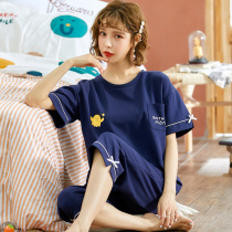 2022 new net red pajamas women summer cotton short-sleeved seven-point pants large size 200 pounds can be worn outside the home clothes