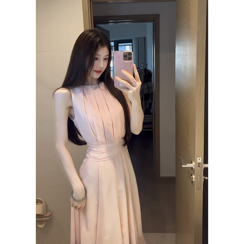 French-Style Pink Pleated Sleeveless Waist-Cinching Dress, Gentle and Slimming, Elegant Tank Dress, Stunning Summer Mini Dress