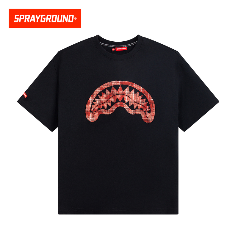 Sprayground Shark Mouth Plaid Patch Short Sleeve T-Shirt Men's Summer Retro Trendy Loose Half-Sleeve Top