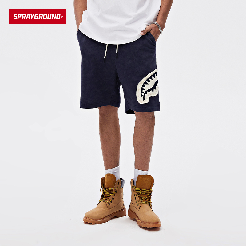 Sprayground Shark Mouth Patch Shorts Men's Summer Trendy Casual Straight Pants Sports Sweatpants Five-Point Pants