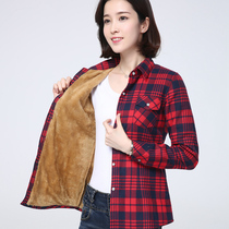 Plaid lining woman plus suede 2022 autumn winter new integrated suede mother plus suede thickened warm coat anti-chill shirt