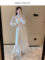 White dress design sense niche lace stitching stripe stand collar wrinkled temperament tight waist dress