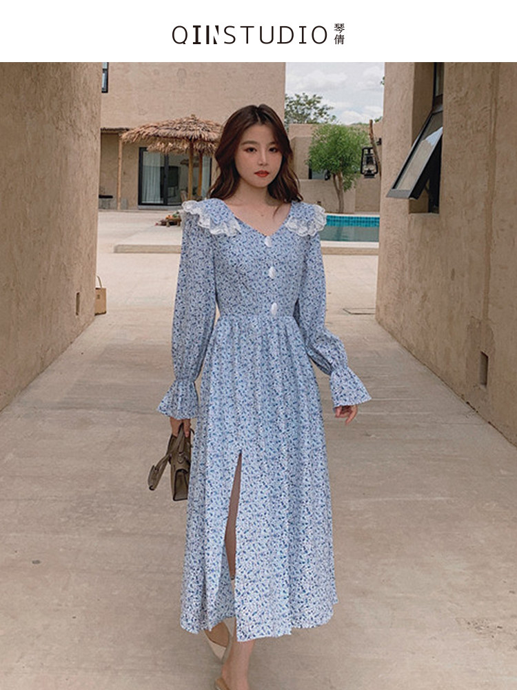 Salt can be sweet tea break skirt women's French blue long skirt waist retro slit floral puff sleeve bellflower dress