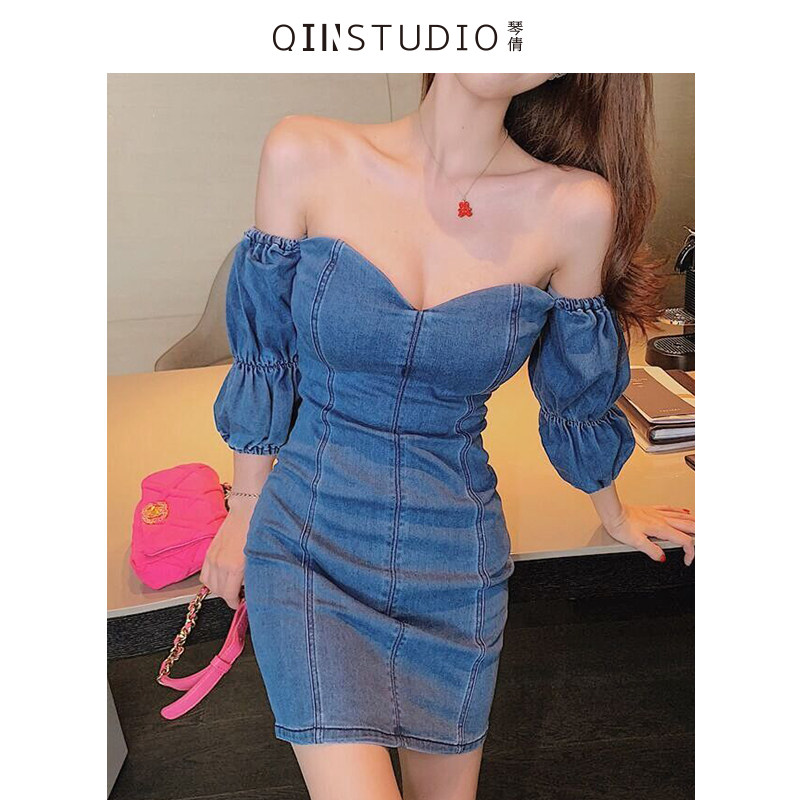 Small man dress women's summer temperament French niche square collar one shoulder bubble sleeve stitching fake two denim skirts