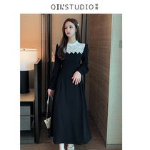 2021 Summer Splice Lace Dress Black and White Contrast Collar Waist French Vintage Romantic Long A- line dress