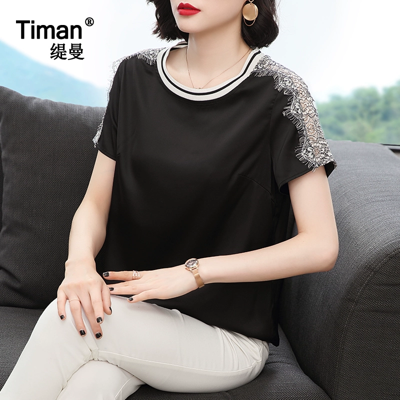 Áo sơ mi voan của phụ nữ mùa hè ngắn tay đen 2021 - Áo sơ mi chiffon ren
