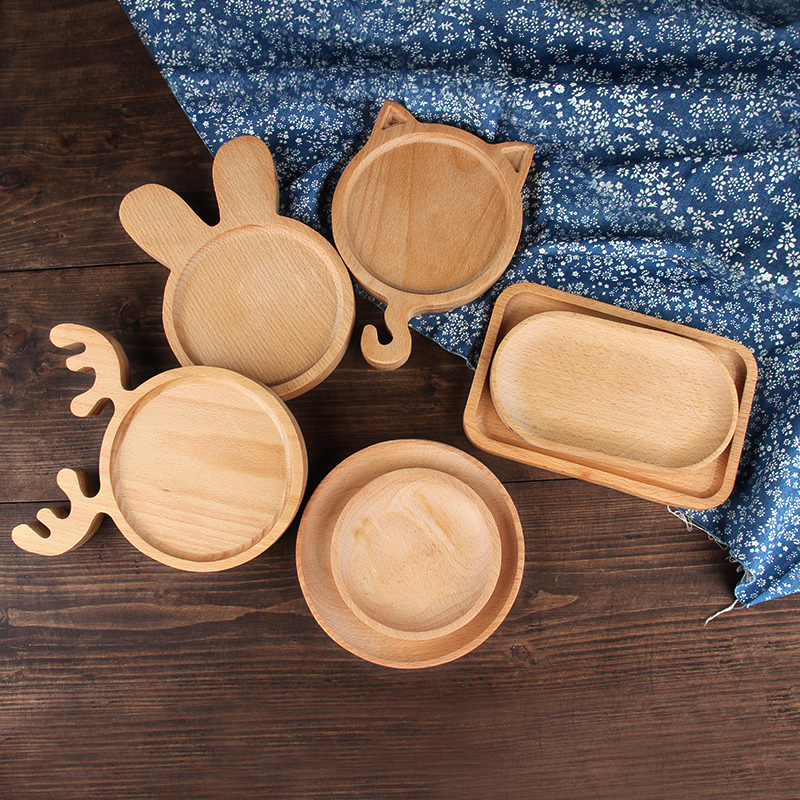 Wooden Nursery Day Style Wooden Creative Children Cartoon Dinner Plate Real Round Dish Wood Cake Bread Snack Fruit Dish