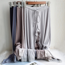 Solid color silk soft comfortable home pants Pajamas loose wide leg pants Air conditioning pants Female lace house pants black