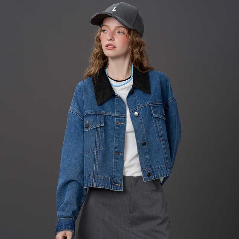 Brand Genuine Discount Store Lapel Color-Blocked Short Denim Jacket Casual Versatile Women's Coat