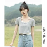 Комплект, летняя дизайнерская хлопковая короткая приталенная брендовая футболка с коротким рукавом, тренд сезона, квадратный вырез, облегающий крой