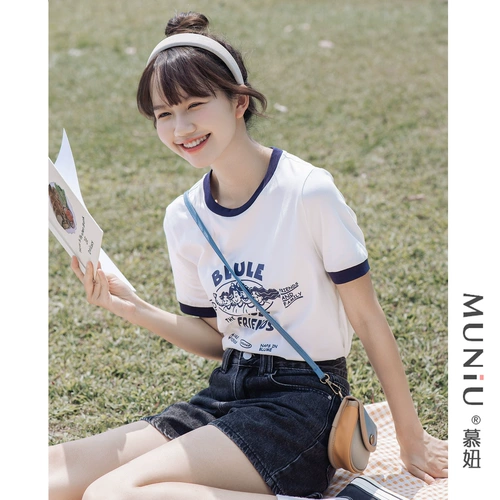 Летняя хлопковая короткая свежая футболка, коллекция 2023, облегающий крой