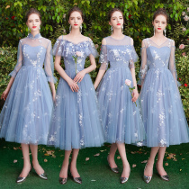 Blue bridesmaid costume fairy temperament long 2021 new autumn simple atmosphere small sister Group dress dress dress