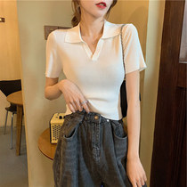 V-neck short knitted T-shirt women 2021 new summer pullover short sleeve slim POLO collar base shirt top