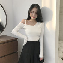 Big code straight shoulder blouses womens fall 2020 new manicure inclined shoulder harness heartwater with flat shoulder beating undershirt woman