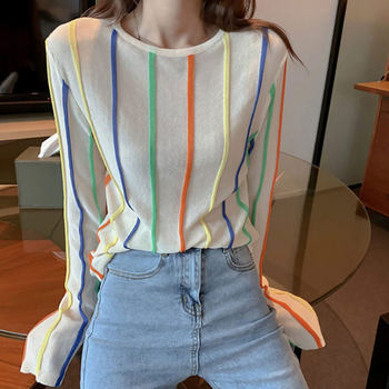 Qian Kehan ​​spring and summer rainbow vertical striped bottoming shirt female net red self-cultivation 2023 new Korean version long-sleeved all-match top