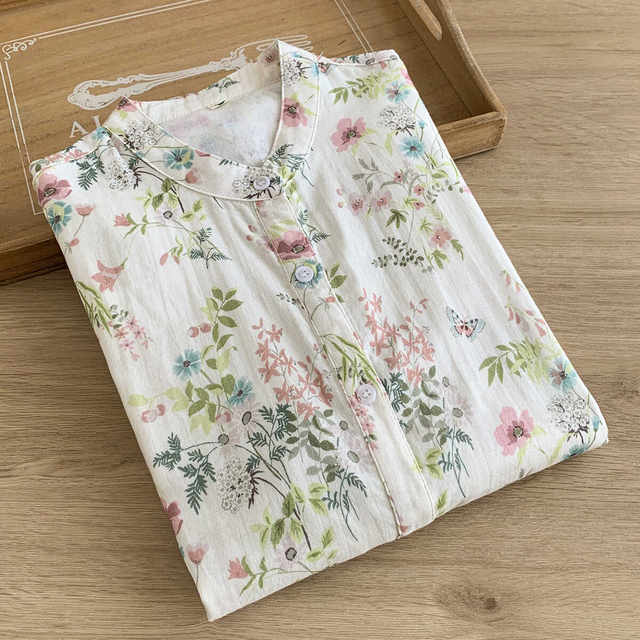 Women's loose casual long-sleeved cotton floral shirt