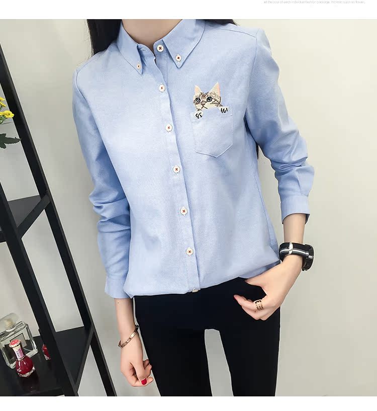Xuân 2018 phiên bản Hàn Quốc mới của đại học túi gió thêu hoạt hình mèo dài tay áo sơ mi trắng nữ chạm đáy áo sơ mi form rộng nữ