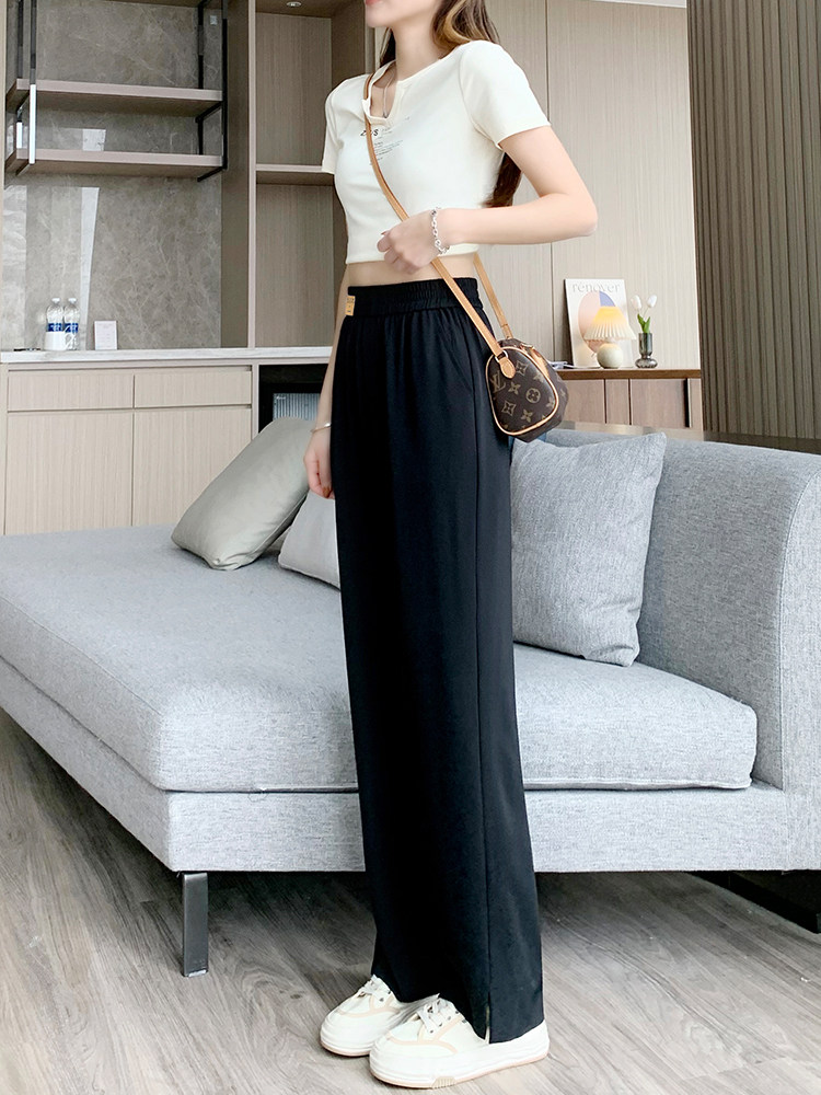 Black summer ice silk split wide-leg pants for women, high-waisted, versatile, loose and slimming straight-leg casual pants