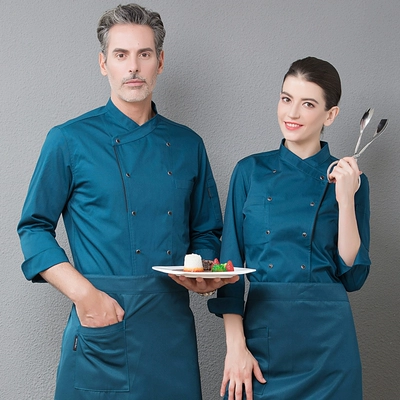 Quần yếm đầu bếp khách sạn cao cấp nam dài tay nhà bếp khách sạn phục vụ nướng bông đen quần áo đầu bếp ngắn tay nữ mua áo bếp 