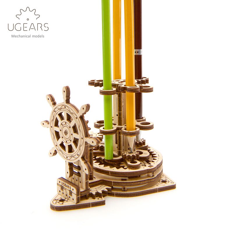 Ukrainian Ugears mechanical transmission model rudder wheel rotation pen frame wooden assembly toy DIY creative pen cylinder