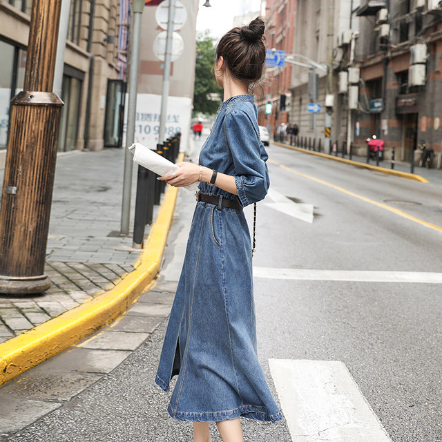 European high-end temperament denim skirt dress tide 2023 spring and summer fashion three-quarter sleeves age-reducing slim knee-length skirt