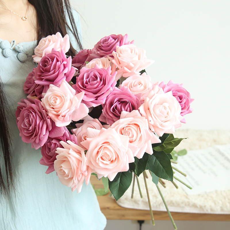 ins wind hand feel moisturizing simulation rose flowers single branch simulation flower bouquet home decoration fake flower rubrum flower arrangement
