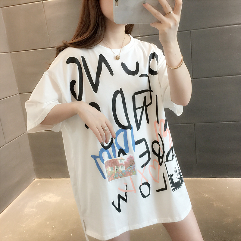 Phụ nữ ngắn tay 2020 mới in của phụ nữ triều trong dài in loose-fitting t-shirt mùa hè nửa tay áo phiên bản Hàn Quốc của đầu T-shirt