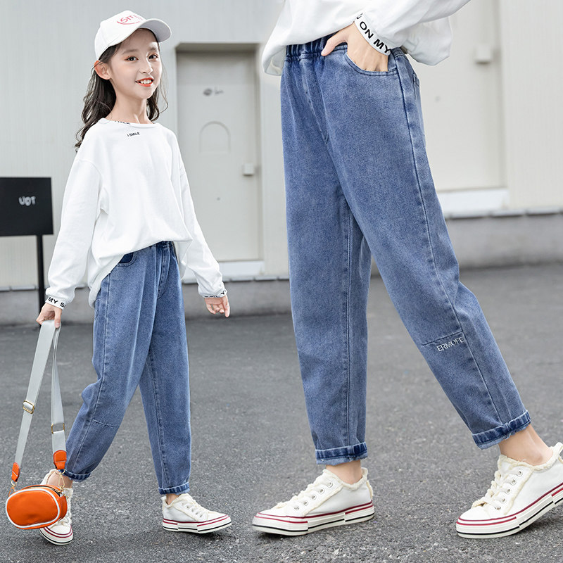 Girl Jeans 2022 New Foreign Spring Dress CUHK Child Han Version Loose Spring Autumn Money little girl Roof Pants Tide