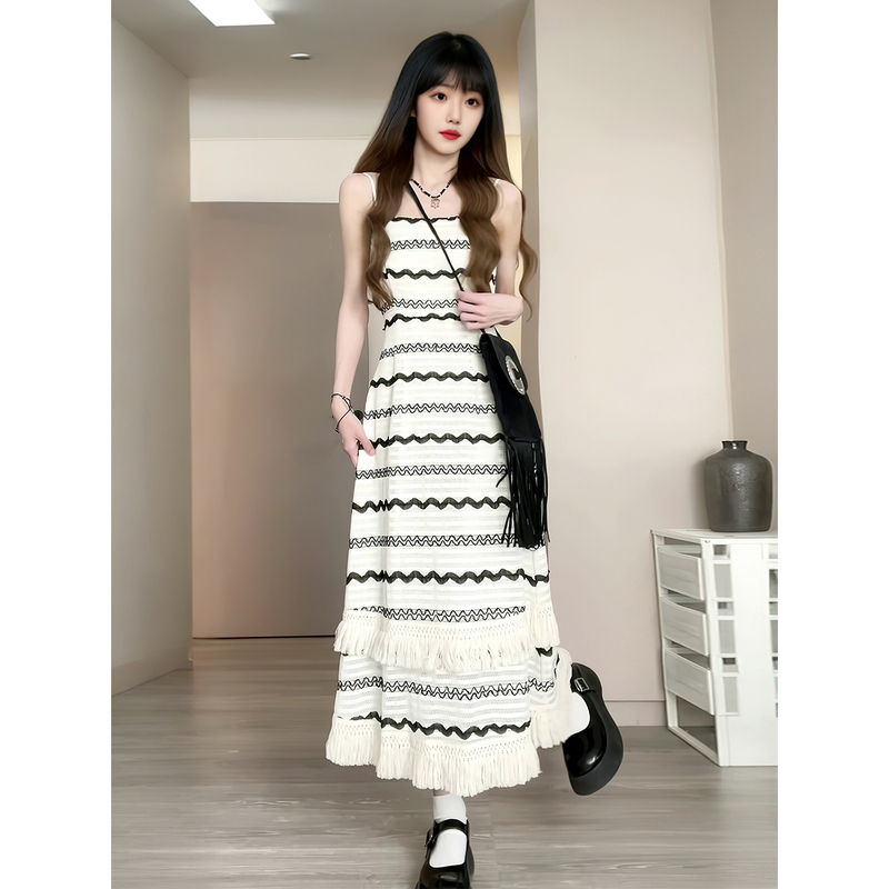 Matsumoto Tassel Long Dress Black Wave Pattern Waist-Cinching Slimming Strap Dress Women's New Spring/Summer Dress