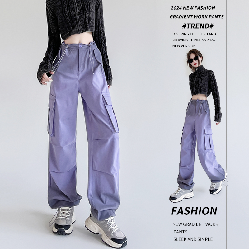 Tie-Dye Gradient Purple Cargo Pants for Women, Spring and Autumn 2024 New Style, American High-Waisted Loose Drawstring Jogger Wide-Leg Sports Pants
