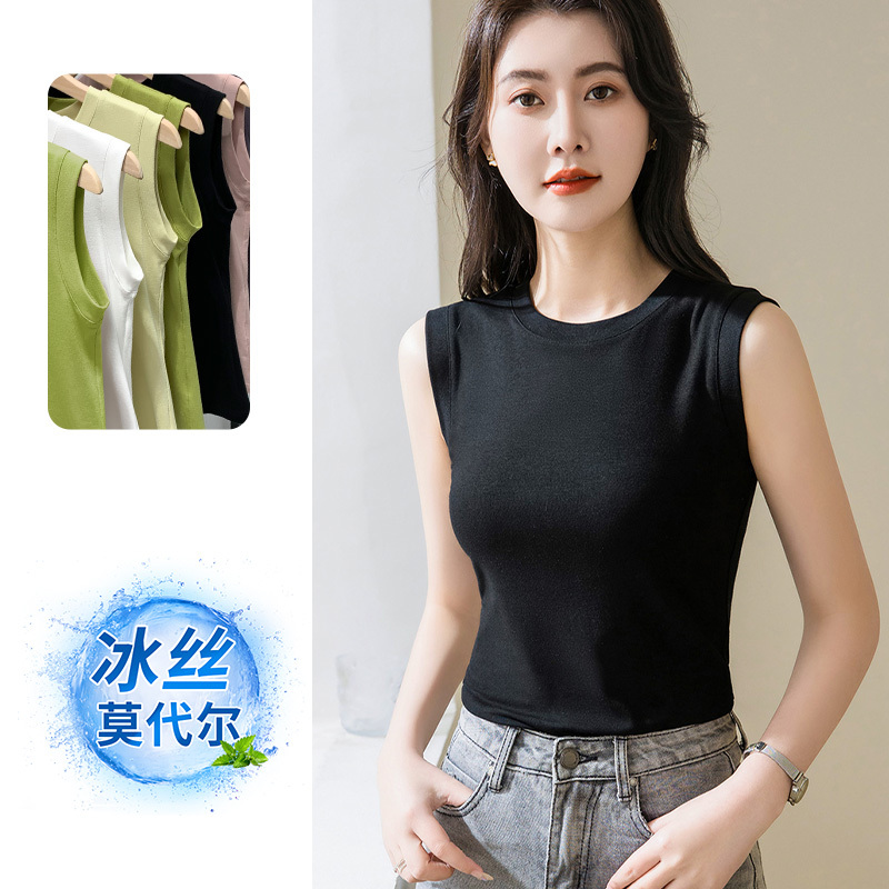 Ice Silk Modal Sleeveless Vest for Women, Summer Outerwear, Round Neck, Slimming, Covers Side Breasts and Tummy, T-Shirt Top Ice Silk Modal Sleeveless Vest for Women, Summer Outerwear, Round Neck, Slimming, Covers Side Breasts and Tummy, T-Shirt Top