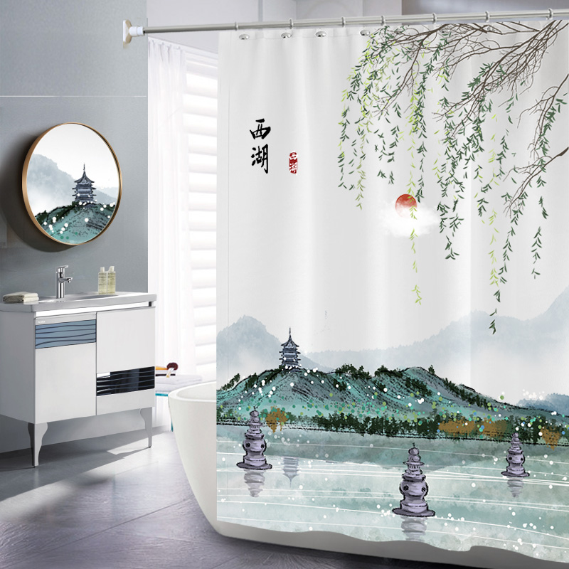 Bathroom shower curtain waterproof cloth bathroom shower curtain hanging curtain anti-mildew partition curtain shower set free of punching