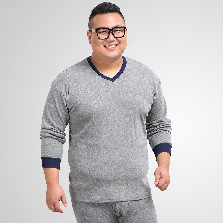 Fertilizer plus size V-neck round autumn clothes sanitary trousers a set of 300 jin men's fat man pure cotton sweater sanitary pants heating clothing