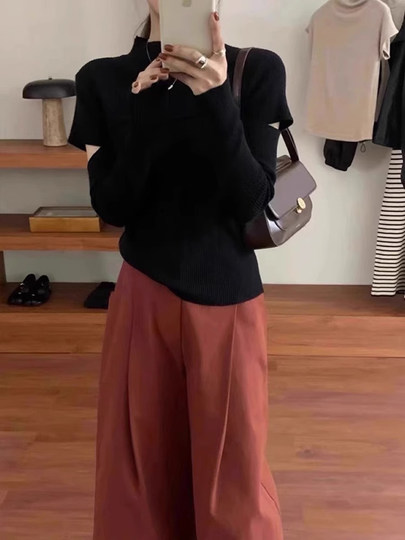 Half-High Collar Hollow-Out Slim-Fit Knit Top for Women, Autumn and Winter Design, French-Style Stand-Up Collar White Sweater for Layering