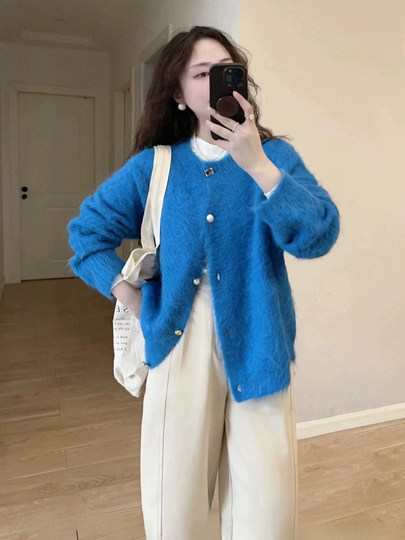 Relaxed Klein Blue Mink Velvet Sweater Cardigan for Women, Autumn and Winter, Chanel-Style Knitted Jacket, Soft and Cozy Outerwear