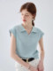 Korean-Style High-End Blue Short-Sleeved Knitted Polo Shirt for Women, V-Neck Ice Silk T-Shirt, Summer Loose Short Top with Flutter Sleeves