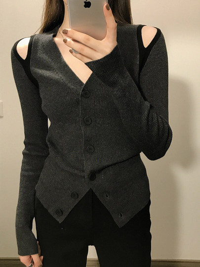 French-Style Blue V-Neck Hollow-Out Off-Shoulder Base Layer Sweater for Women, Autumn and Winter Knitwear, Slim-Fit Top