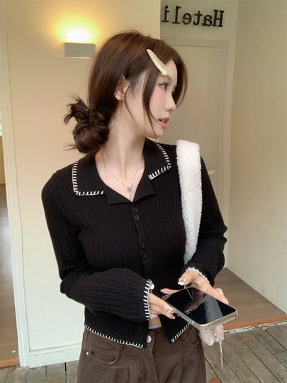 Style coréen couleur bloc dentelle à manches longues col Polo pull pour les femmes automne conception noir pull cardigan haut à revers