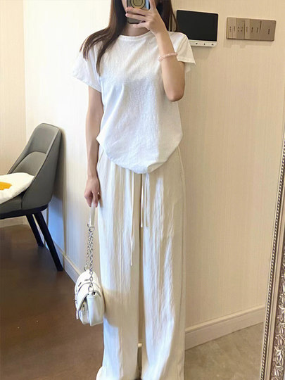 White Cotton and Linen Straight-Leg Drapey Casual Pants for Women, Summer High-Waisted Loose Slimming Wide-Leg Pants, Linen Floor-Length Trousers
