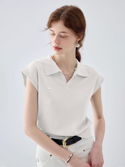 Korean-Style High-End Blue Short-Sleeved Knitted Polo Shirt for Women, V-Neck Ice Silk T-Shirt, Summer Loose Short Top with Flutter Sleeves